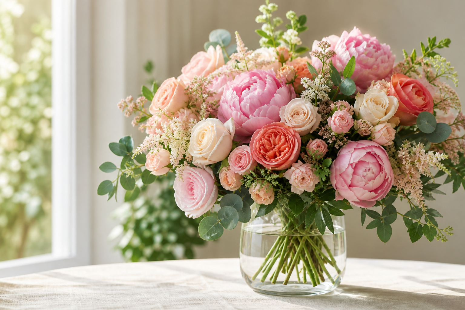 Arreglo de rosas y peonías en florero de cristal